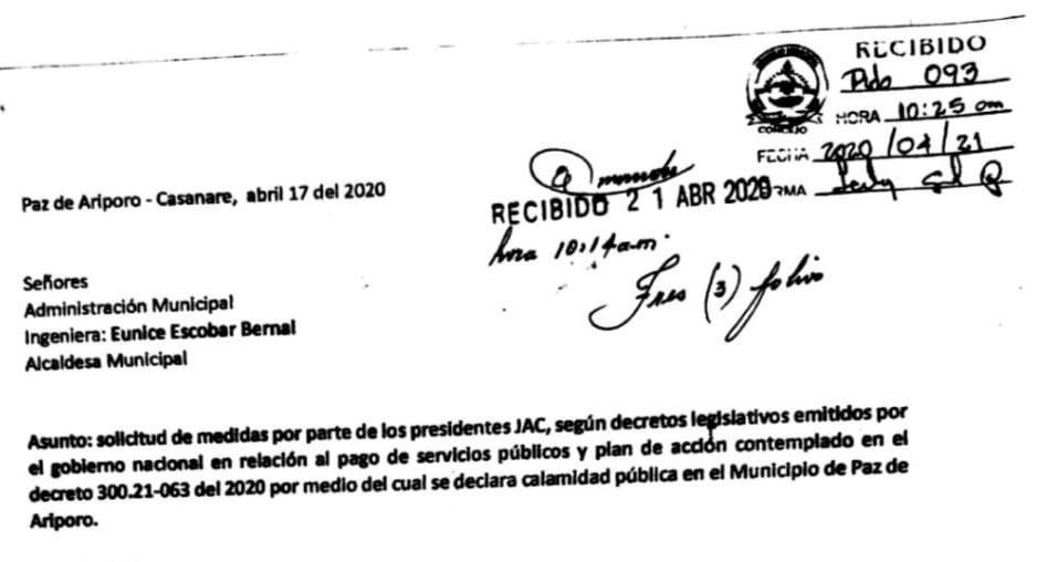 Presidentes de las JAC de los barrios de Paz de Ariporo solicitaron a la alcaldesa que asuma el pago de los servicios