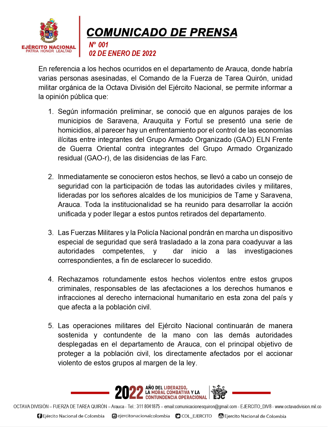 Comunicado del ejército Nacional 