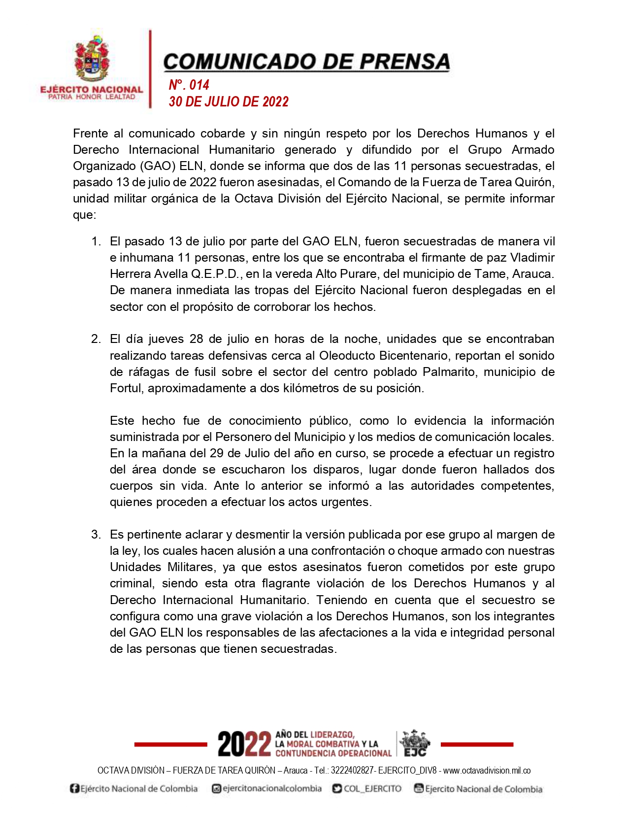comunicado ejercito
