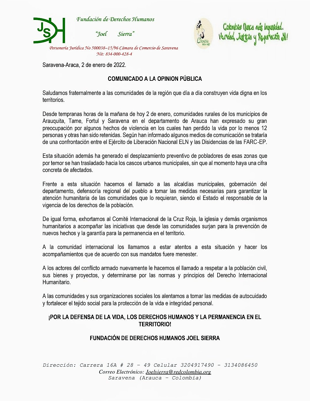  Comunicado Fundación de Derechos Humanos Joel Sierra