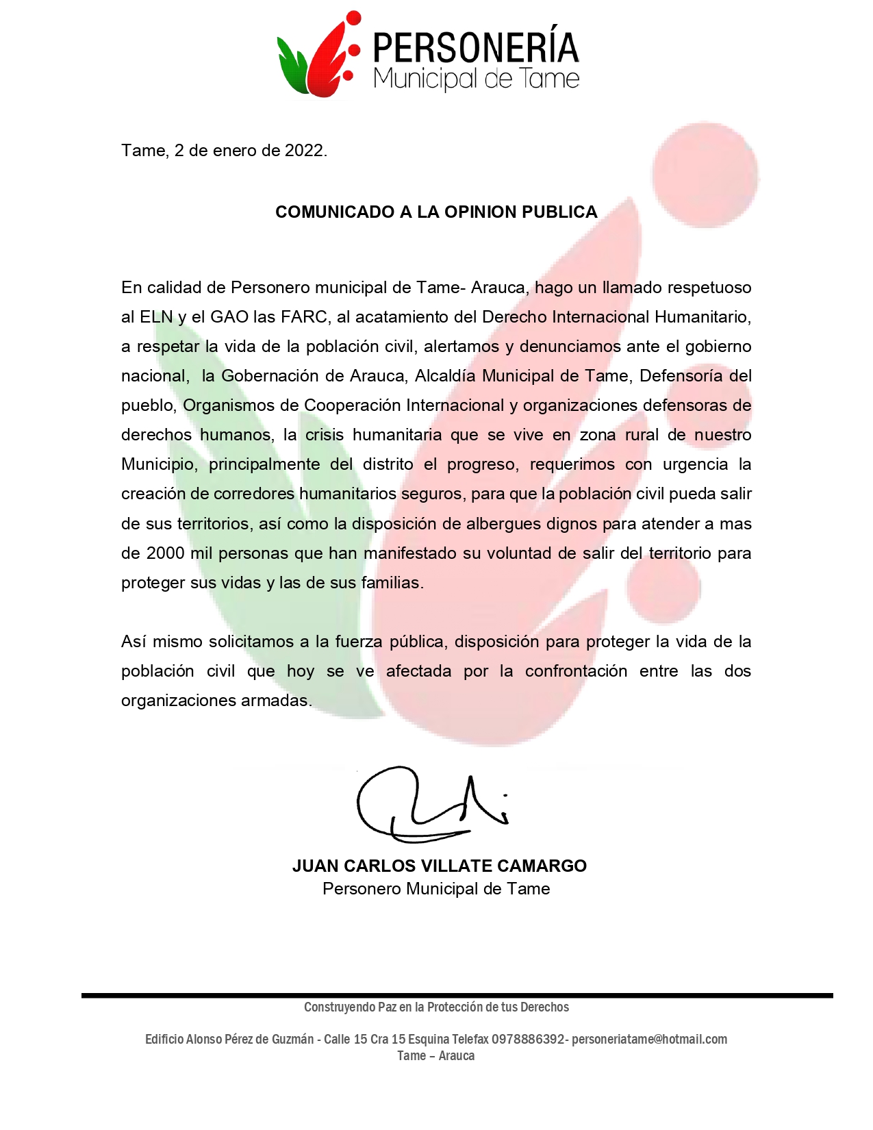 Comunicado Personería de Tame, Arauca.