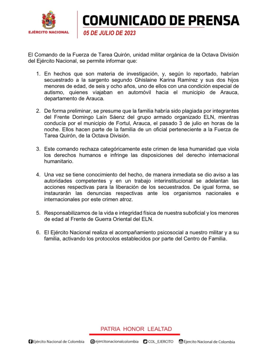 Comunicado Ejército
