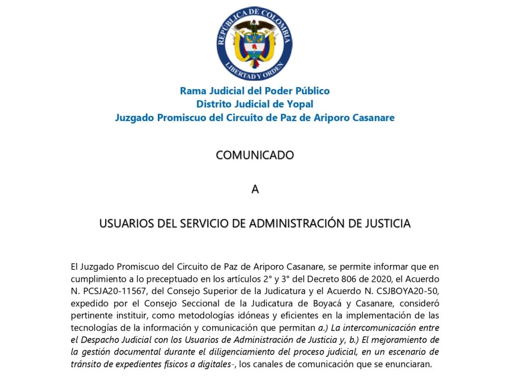 Juzgado Promiscuo del Circuito de Paz de Ariporo iniciará actividades a partir de este miércoles 1 de julio