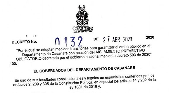 Con Decreto Administración Departamental acogió medida de aislamiento preventivo obligatorio hasta el 11 de mayo