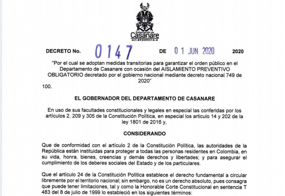 Gobernación de Casanare adoptó medidas para continuar con el Aislamiento Preventivo Obligatorio