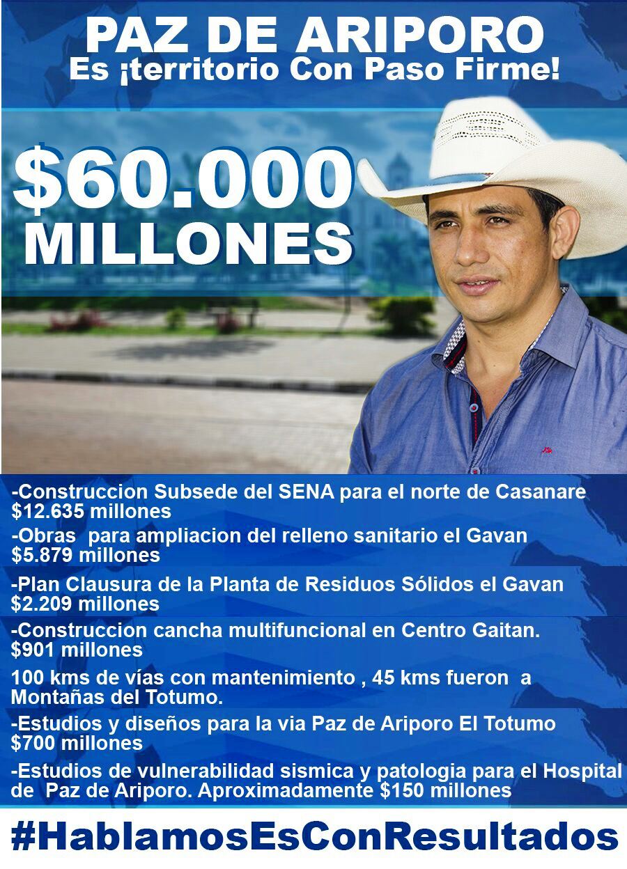 Más de 60 mil millones ha canalizado la gobernación de Casanare para el municipio de Paz de Ariporo