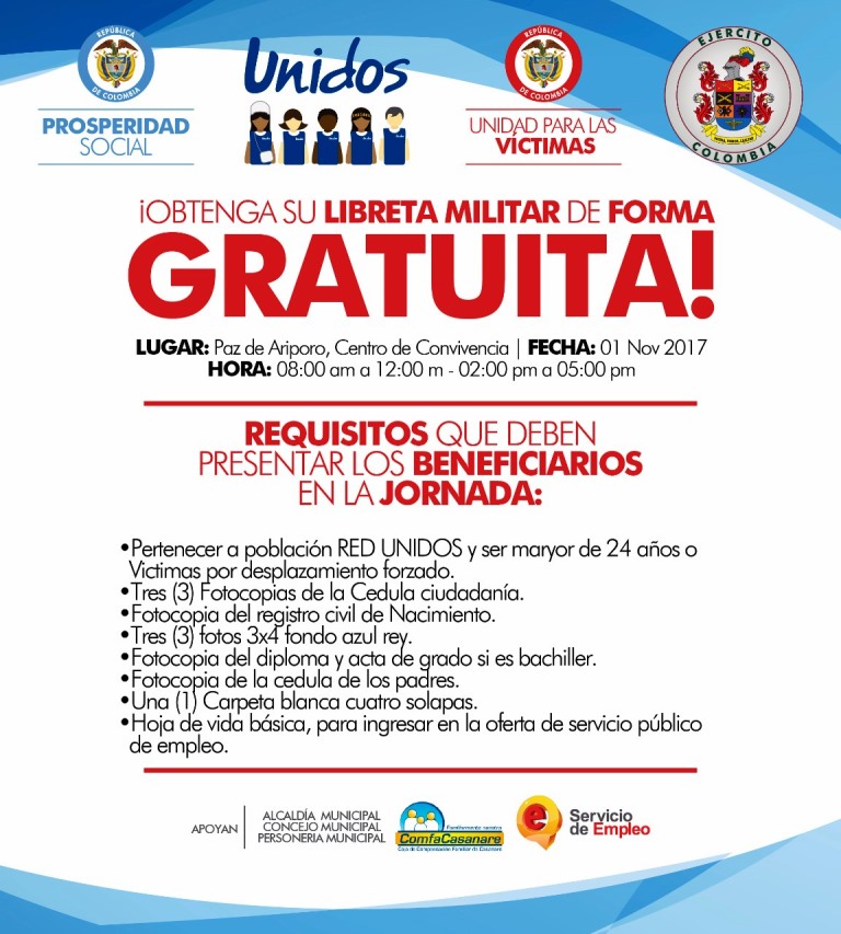 Jornadas especiales de entrega de libretas militares para víctimas este 01 de Noviembre en tres municipios de Casanare