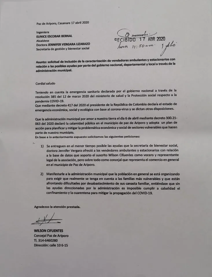 Vendedores ambulantes y estacionarios piden ayudas a la Administración Municipal de Paz de Ariporo