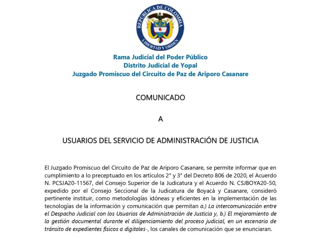 Juzgado Promiscuo del Circuito de Paz de Ariporo iniciará actividades a partir de este miércoles 1 de julio