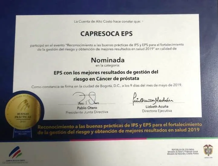 Capresoca EPS nominada a Premio Nacional por buenos resultados en manejo de cáncer de próstata