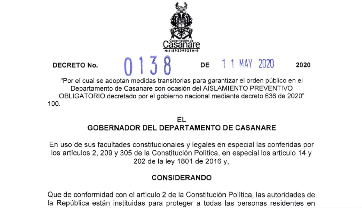 Toque de queda en Casanare del 11 al 25 de mayo como medida preventiva contra el coronavirus