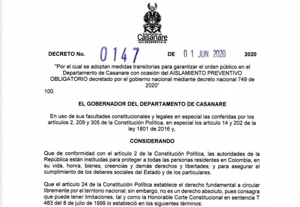 Gobernación de Casanare adoptó medidas para continuar con el Aislamiento Preventivo Obligatorio