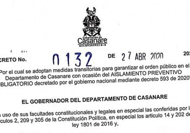 Con Decreto Administración Departamental acogió medida de aislamiento preventivo obligatorio hasta el 11 de mayo