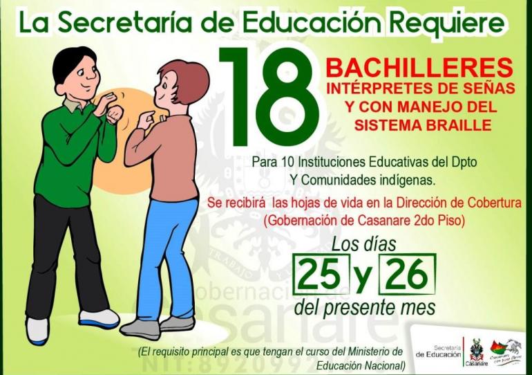 La Secretaría de Educación requiere bachilleres intérpretes de señas y con manejo del Sistema Braille